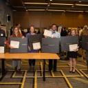 The top three in undergraduate and graduate categories: (l to r) undergraduate Jacob Dorsett, Department of Geological and Environmental Sciences; undergraduate Carmen Montero, Department of Biology; undergraduate Morgan Baker, Department of Geological and Environmental Sciences; graduate students Adam Willits, Department of Biology; graduate student Lauren Anderson, Department of Geography and Planning and graduate student Heather Guy, Department of Geography and Planning — all from the College of Arts and
