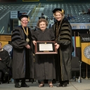 Alma Marsh (center), receives an honorary bachelor’s degree from Dr. Neva Specht (left) and Chancellor Sheri Everts (right), as Chair of Appalachian’s Board of Trustees, James M. Barnes, looks on. Photo by Marie Freeman
