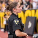 Appalachian State University junior Madison Cook, from Apex, provides security coverage at a Mountaineers football game. She is a graduate of the Appalachian Police Academy, part of the university’s Appalachian Police Development Program, which was created to equip Appalachian students with the knowledge, skills and training to become law enforcement officers. Photo by Marie Freeman