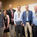 Winners of the 2018 Appalachian Excellence in Teaching Awards at the Fall Semester Faculty and Staff Meeting. From left: Dr. Thomas Whyte, professor in the Department of Anthropology; Dr. Susan Staub, professor in the Department of English; Dr. Richard Pouder, professor in the Department of Management; Dr. Gabriele Casale, associate professor in the Department of Geological and Environmental Sciences; Dr. William “Bill” Anderson, professor in and chair of the Department of Geological and Environment Science