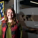 Junior Becca Ryan, age 26, outside Appalachian’s Major General Edward M. Reeder Jr. Student Veteran Resource Center. She took some classes through Coastal Carolina Community College while working at Camp Lejeune, and then enrolled at Appalachian. Photo by Marie Freeman