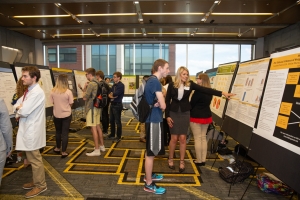 Students presenting their research posters at the 22nd annual Celebration of Student Research and Creative Endeavors in the Plemmons Student Union at Appalachian. Photo by Ellen Gwin Burnette.