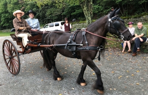 The horse and carriage pictured here, which appear in the documentary, were provided by Mimosa Hills Farm in Morganton. The carriage is driven by farm owner Crosby Reed. Students from Dr. Derek Davidson’s theater class volunteered as actors for the film, including Appalachian alumna Elizabeth Mason Moore ’19, who graduated with a B.A. in theatre education in May and is pictured right of Reed. Dalton Forster, a junior theatre arts major from Garner, pictured center in background, holds a boom microphone. Pho