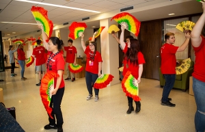 Students in Appalachian’s summer 2018 STARTALK Program learn a Chinese fan dance with Rachel Zhao, a teacher at Eastway Elementary School in Durham, far left in foreground, who participated as an instructor in the program. Photo by Ellen Gwin Burnette