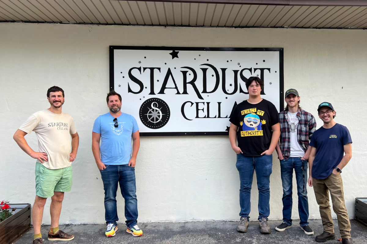 Fermentation Sciences majors Craig Barnette (second from left), Myles Tan (third from left), and Drayton Dellinger (fourth from left) visited Stardust Cellars in North Wilkesboro to learn about making mead. While there, they met with proprietor Nicolas Hogrefe (far left) and production manager Erick Hurtado ’17 (far right).