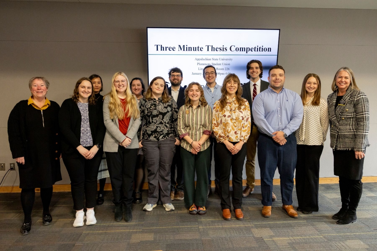 Acting Provost Dr. Neva Specht (far left) and Dr. Ashley Walker Colquitt (far right), associate vice provost and dean of the Cratis D. Williams School of Graduate Studies, with participants at the 13th annual Three Minute Thesis competition on Friday, January 24, 2025. Photo by Kyla Willoughby