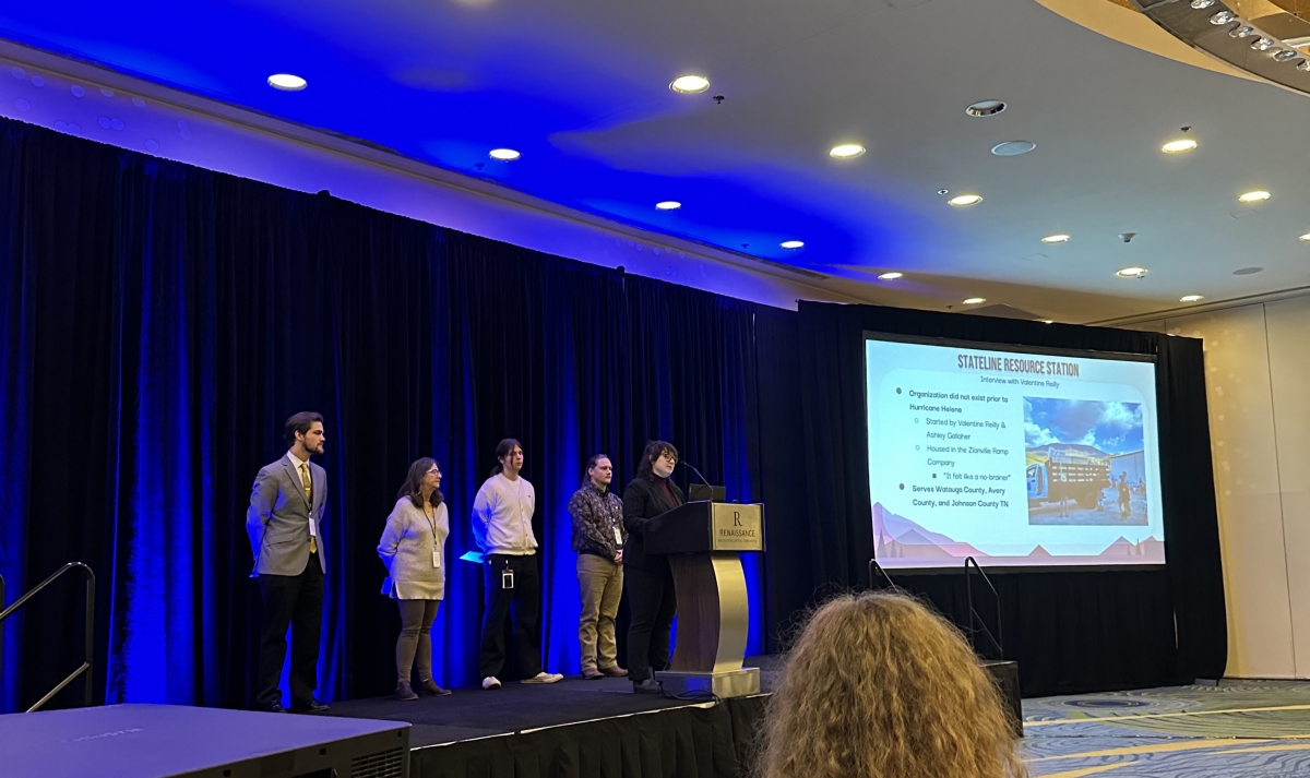 Students (left to right) Mason Smith, Janet Johnson, Lucy Coleman, Jarrett Blair and Becks Lipshultz present at the Appalachian Collegiate Research Initiative Conference in Washington, DC, on December 7, 2024. Photo submitted.