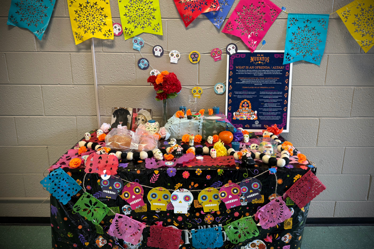 The completed ofrenda (altar), created by instructors and students in the Spanish and Hispanic Studies program for Día de los Muertos (Day of the Dead). Photo submitted by Dr. Karola Rico García