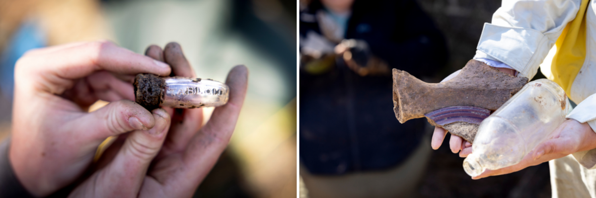 Artifacts found during excavations include an early-1900s medicine bottle (left), as well as more recent animal bones, pottery, and plastic bottles (right). Photos by Kyla Willoughby