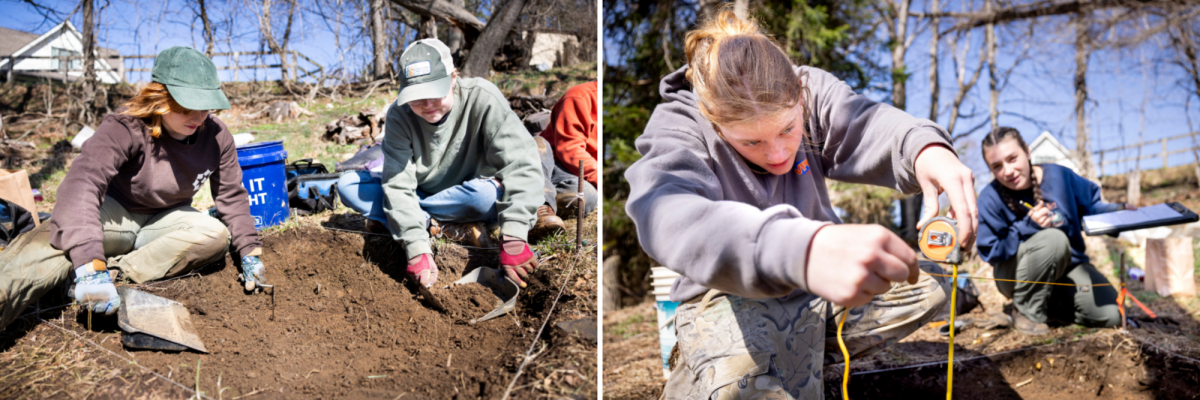 App State students Phoebe Howerton and Avery Martin (left) and Charlotte Mueller and Talia Debenedette (right) excavate to find artifacts. Photos by Kyla Willoughby