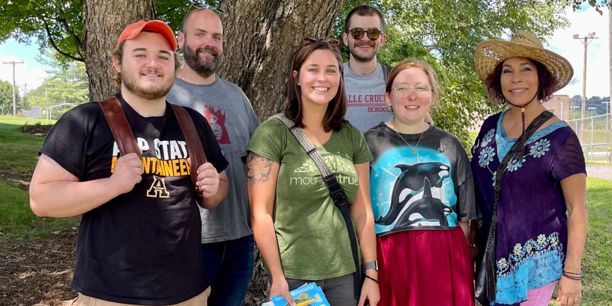 Appalachian studies graduate students Camden Phillips, Kevin Freeman, Sammy Osmond, Megan Hall and Yndiana Montes met with MountainTrue's High Country Watershed Coordinator, Hannah Woodburn, as part of their microplastics project.