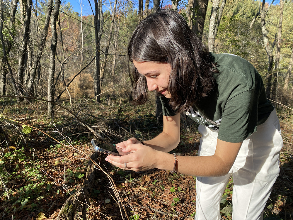 Ava Figallo, a first-year environmental science major, records an observation at the Boone Greenway. Photo submitted by Marta Toran.