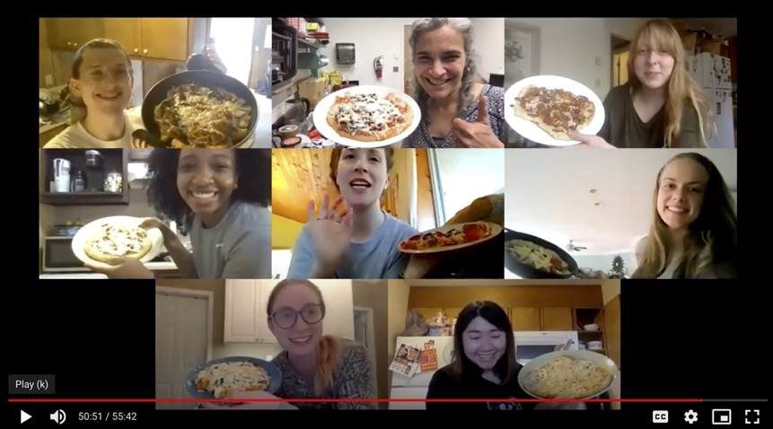 Office of Sustainability ambassadors proudly display their skillet pizzas on Zoom during the "Cooking with Purpose" pilot in 2021.