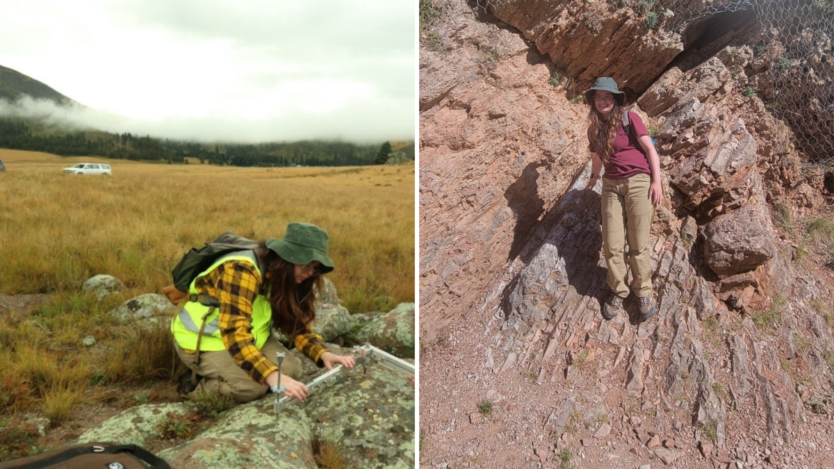 Left: Savannah Devine &lsquo;22 installs a temporary GPS station in the Valles Caldera, Northern New Mexico, as part of her geological research. Right: Savannah Devine &lsquo;22 stands on the K-Pg boundary, a site in Italy that marks where the Cretaceous Period ended and the Paleogenic began, during a 2022 field camp with the Department of Geological and Environmental Sciences. Photos submitted