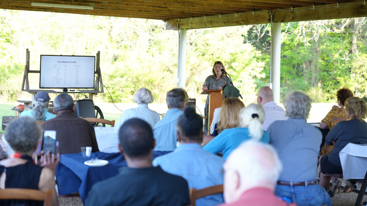 Suzanne Moreland presents at the April 29 event at Fort Defiance. Photo by Jessie Barber