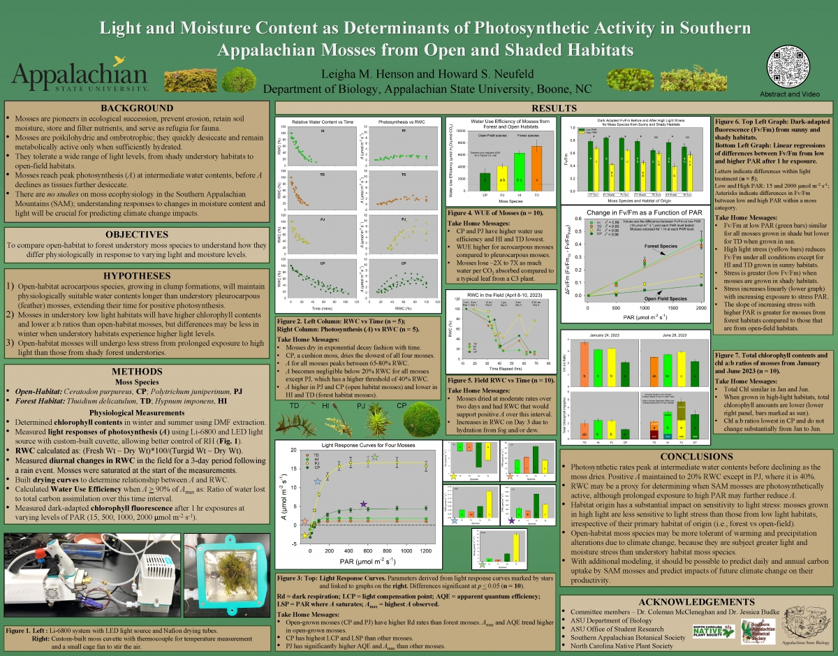 Leigha Henson's award-winning research poster, "Light and Moisture Content as Determinants of Photosynthetic Activity in Southern Appalachian Mosses from Open and Shaded Habitats."
