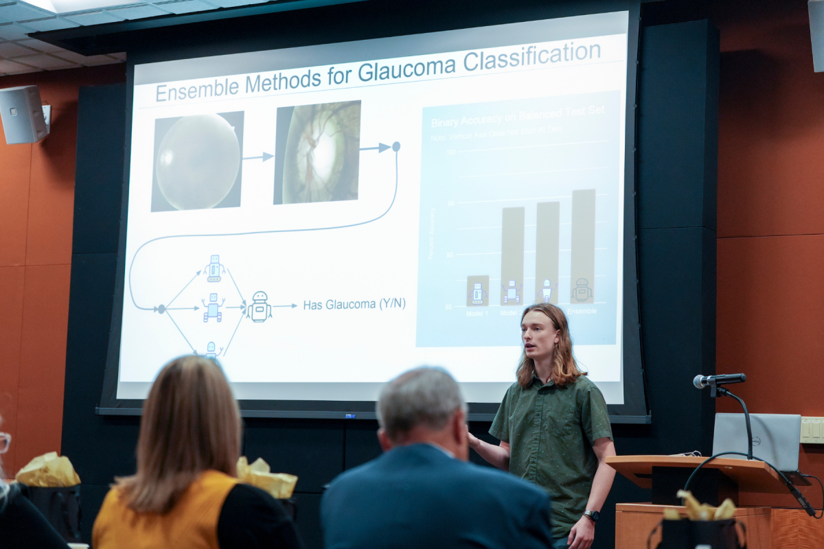 Jake Jenkins &rsquo;25 presents his master's thesis, "Glaucoma Classification using Ensemble Learning," at App State's 14th annual Three Minute Thesis competition on Friday, November 21, 2025. Photo by Troy Tuttle