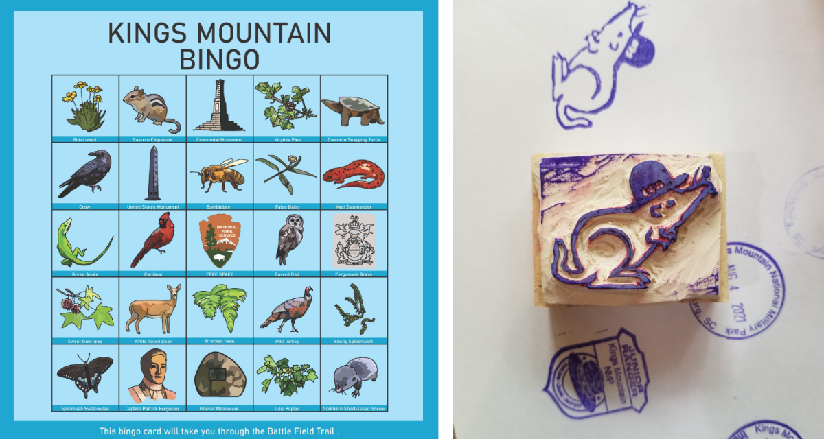 Left: Ruckterstuhl designed a series of Bingo cards as an activity for children who were too young to participate in the Junior Ranger Program. Because many of the children couldn't read yet, the cards are largely visual with hand-drawn native animals from the park to encourage curiosity and interaction with the park. Right: Students who completed the Bingo card received a Shrew stamp. The design was hand-carved by Ruckterstuhl.