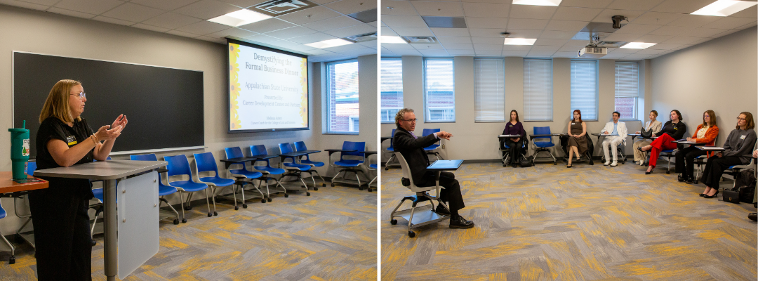 The second day of the program began with a seminar on dining etiquette led by CAS Career Coach Melissa Auten '12 '18 and Erik Martella. Photos by Lauren Gibbs