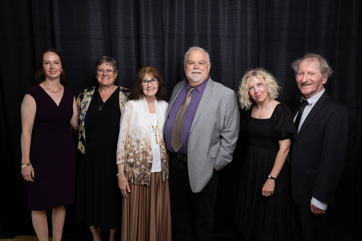 From left: CAS Development Director Jasmin McFayden &rsquo;10, CAS Associate Dean Donna Lillian, CAS Outstanding Alumni Awardee Maxine Cooper McCall &rsquo;60 &rsquo;65, Department of Threatre and Dance Chair Michael Helms, Penland School of Craft Chief Advancement Officer Laura Laughridge, and Theatre and Dance Professor Ray Miller at the Appalachian State University Alumni Association Alumni Awards Gala on July 11, 2026, in the Grandview Ballroom of Kidd Brewer Stadium&rsquo;s north end zone facility. Photo by Chase Reynolds