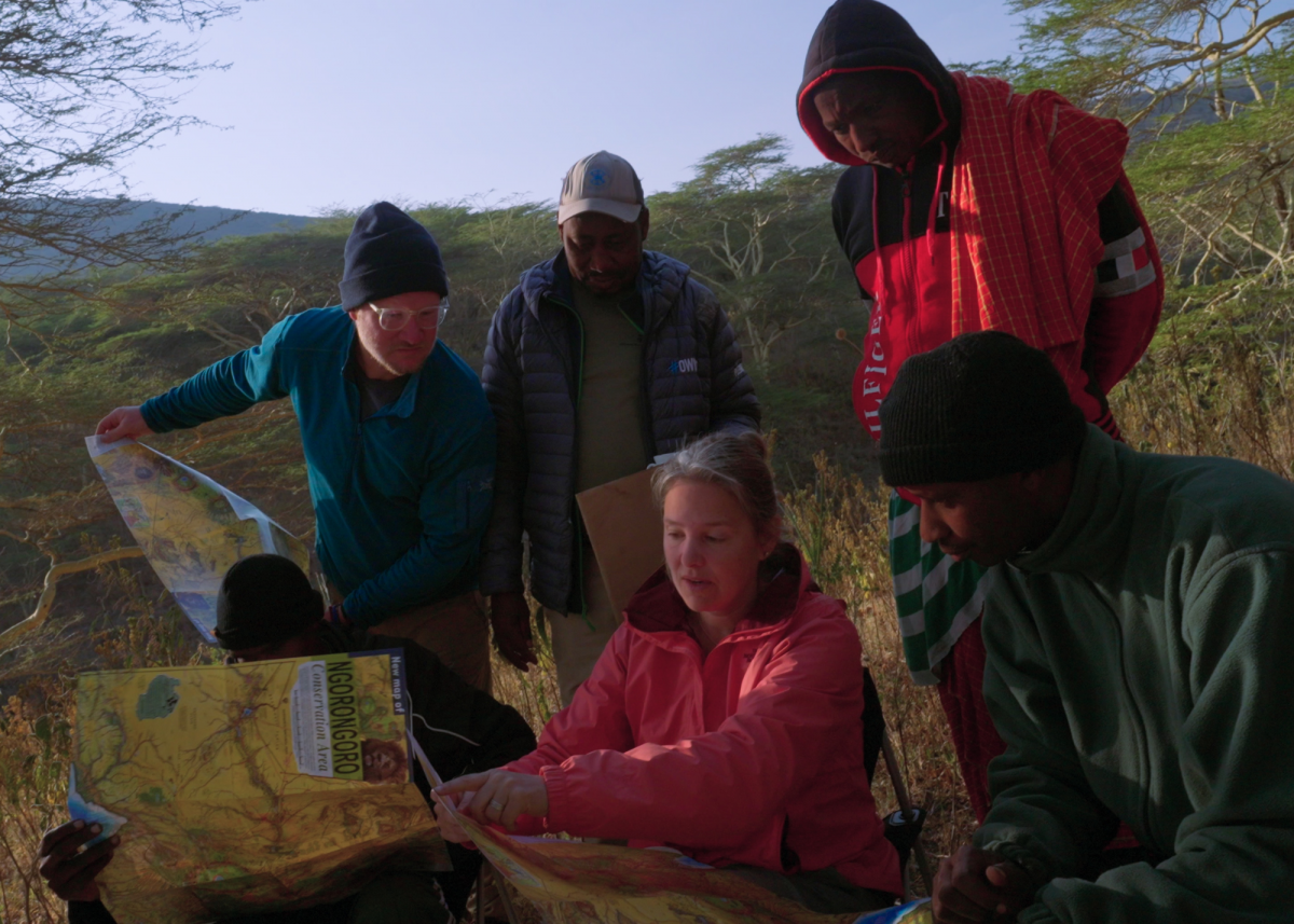The team plans the route from the Ngorongoro Highlands to Engare Sero. Photo by Leander Ward