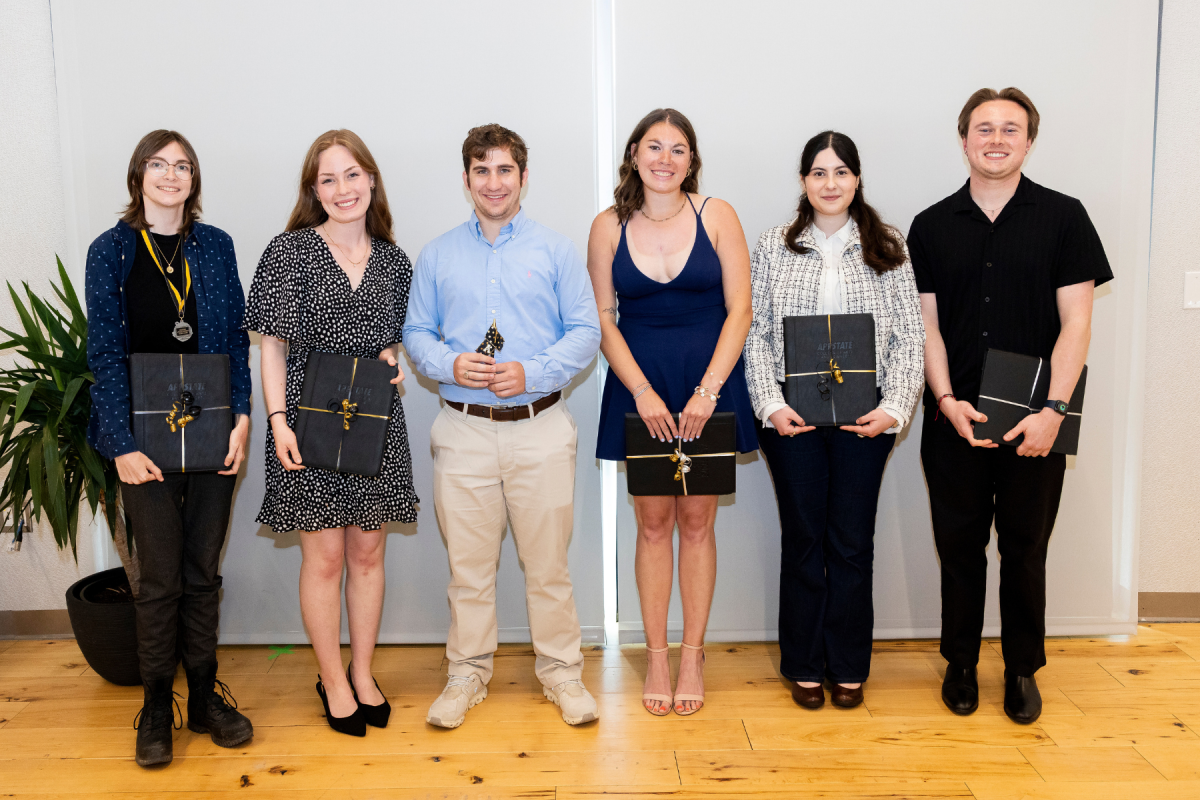 L-R: Sophie Davis, Emerson Phillips, Avery Hodgson &rsquo;25, Addison Belcher, Seleen Al Horani, and Dominick Bontempo were recognized for their service to CAS Corps during the 2025-26 Senior Awards Ceremony on Friday, April 24, 2026. Photo by Kyla Willoughby