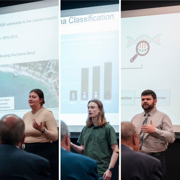App State College of Arts and Sciences graduate students Lilly Baer ’24, Jake Jenkins ’25, and Michael Sciole ’24 were selected to compete in the final round of the 14th annual Three Minute Thesis competition on Friday, November 21, 2025. Photos by Troy Tuttle
