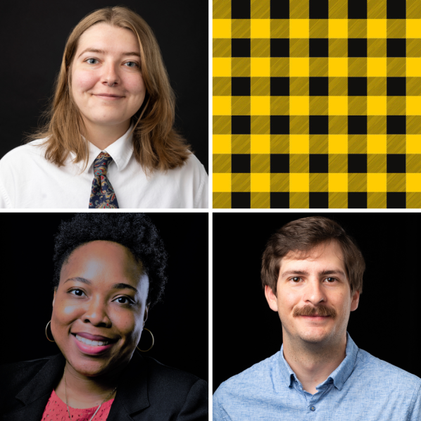 Four-panel collage with three friendly professional headshots — two women and a mustached man — beside a yellow-and-black buffalo-check pattern.