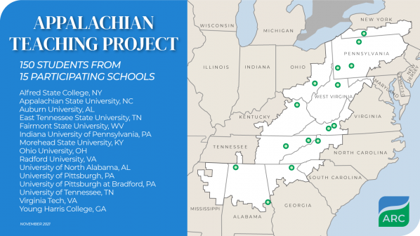 Appalachian Regional Commission’s 15 participating Appalachian universities in the 2021 Appalachian Teaching Project, including App State. Map courtesy of ARC.
