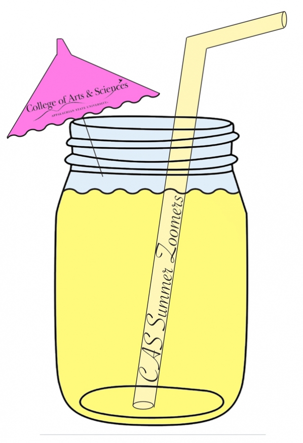 Image of a mason jar with straw and umbrella announcing the College Summer Zoom Series