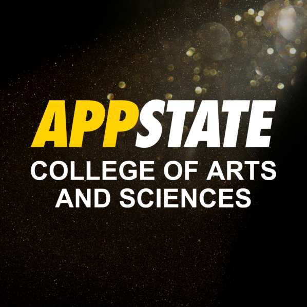 The App State College of Arts and Sciences logo in gold and white overlaid on an image of a spotlight with shimmer.
