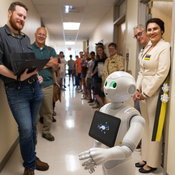 A white humanoid robot with glowing green eyes stands in a hospital hallway as staff line the corridor, smiling and watching with warm curiosity.