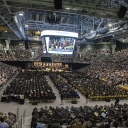 During the College of Arts and Sciences’ commencement ceremony Saturday afternoon, graduates and their families and friends, along with Appalachian faculty, staff and leadership, fill the university’s Holmes Convocation Center. Photo by Marie Freeman