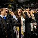 Excited Mountaineer graduates turn their tassels, signifying their transition from students to graduates of Appalachian State University. App State honored more than 4,200 graduates during six Spring 2025 Commencement ceremonies, held May 9–10 in Holmes Convocation Center on the Boone campus. Photo by Kyla Willoughby