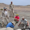 Dr. Andy Heckert, far left, enjoys the progress his students are making on a 2014 dig in the Triassic of Arizona as part of his field course known as the “Triassic Trip.” Students seated on the ground are, from left to right, Devin Hoffman ’17, now a Ph.D. candidate in geosciences at Virginia Tech; Chelsea Vaughn ’16, a sergeant in the U.S. Army; and Mathew Sandefur ’16, a geologist with the U.S. Department of Agriculture’s Natural Resources Conservation Service. Standing in back is dig site volunteer Scott