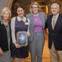 Dr. Martha McCaughey, director of Appalachian’s First Year Seminar program and professor of sociology, second from left, holds the plaque she received as part of her 2019 Harvey R. Durham Freshman Advocate Award. Dr. Harvey Durham, for whom the award is named, far right, his wife, Susan Durham, far left, and Appalachian Chancellor Sheri Everts, second from right, presented McCaughey with the award after a breakfast held at the Appalachian House in April. Photo by Marie Freeman
