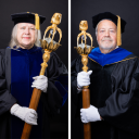 Dr. Sandra Ballard '79 (left) and Dr. Andy Koch (right) will serve as Macebearers for the Spring 2024 College of Arts and Sciences (CAS) Commencement Ceremony.