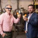 App State professor Dr. Brett Taubman, left, and Fermentation Sciences Lab manager Daniel Parker have developed the sweetpotato milk Rootsii in fermentation lab facilities at App State. The locally sourced, sustainable and allergy-friendly product received $1.82 million in funding from NCInnovation, with a goal of bringing the milk from proof of concept to store shelves over the next two years. Photo by Chase Reynolds