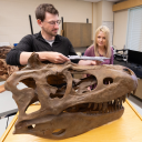 UCalgary paleontologist Darla Zelenitsky and PhD candidate Jared Voris, left, helped identify the dinosaur species using fossils found in Mongolia. Photo by Riley Brandt, University of Calgary