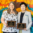 Dr. Rose Mary Webb, chair of App State’s Department of Psychology, left, received the university’s 2025 Distinguished Leadership Award. Dr. Shanshan Lou, chair of App State’s Department of Communication, right, received the 2025 Emerging Leader Award. Both honors are part of App State’s Departmental Leadership Awards Program. Photo by Kyla Willoughby