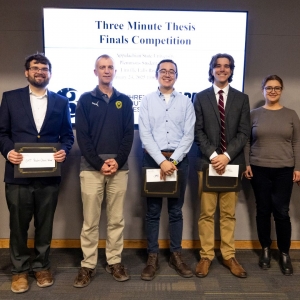 Steven Vogel, Dr. Herman van Werkhoven, Sean Doherty, Jonathan Culpepper and Dr. Sharareh Shirzad at Appalachian State University's 13th annual Three Minute Thesis competition on Friday, January 24, 2025. Photo by Kyla Willoughby