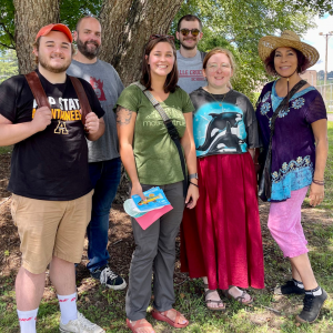 Appalachian studies graduate students Camden Phillips, Kevin Freeman, Sammy Osmond, Megan Hall and Yndiana Montes met with MountainTrue's High Country Watershed Coordinator, Hannah Woodburn, as part of their microplastics project.