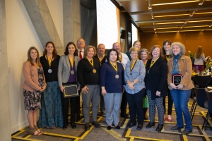 CAS Faculty and Staff Award Winners 2018-19 (L to R): Amanda Howell (CFS), Marta Toran (GES), Ellen Lamont (SOC), Larry Bridges (CS), Lynn Siefferman (BIO), Craig Fischer (ENG), Misa Yamamoto (LLC), Joseph Gonzalez (IDS), Beverly Moser (LLC), Ellen Key (GJS), Lauri Miller (GES), Jill Ehnenn (ENG), Maggie Sugg (GHY) and Diane Mines (ANT). Photo by Ellen Gwin Burnette