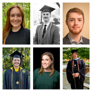 Mia Altieri (upper left), Jesse Barber '22 (upper middle), Thom Dickson '22 (upper right), Tanner Landolt (lower left), Kristen Lysne '13 (lower middle) and Tucker Seifert (lower right) were inducted into the Spring 2024 Cratis D. Williams Society.