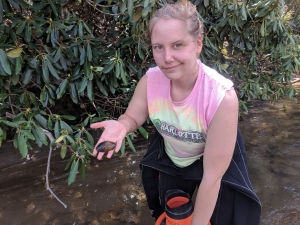 Chantelle Rondel conducting research in 2018 for her SAFE Grant project, holding an Appalachian elktoe mussel. Photo submitted