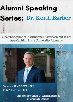 Poster for Graduate School Alumni Speaker Series with special guest Dr. Keith Barber