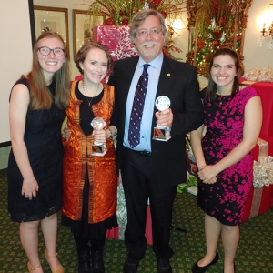 The team receiving the Expedition of the Year award in Atlanta, G.A..  From left: Olivia Paschall, a senior geology major from Grand Rapids, Michigan; Dr. Sarah Carmichael (associate professor of geology, PI, expedition leader); Dr. Johnny Waters (professor emeritus in Geology, co-PI, expedition co-leader) and Allison Dombrowski, a junio geology major from Raleigh. Photo submitted.