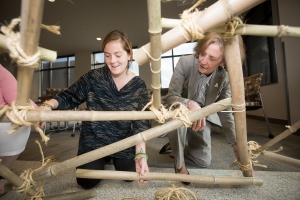 Appalachian Studies Graduate Student, Kelsey Wagner and Dean Melba Spooner of the College of Education building a Geodesic Dome. Photo Marie Freeman.