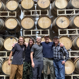 Fermentation Sciences majors Finn Adams (left), Chris Martin (second from left), and Dominic Bernardi (third from left) learned about winemaking from Will Burrow ’20 (fourth from left), head winemaker at Grandfather Mountain Vineyard in Banner Elk.
