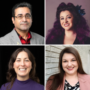 Four smiling adults in a 2x2 portrait collage: one man and three women, dressed professionally against black, purple, and textured backgrounds.